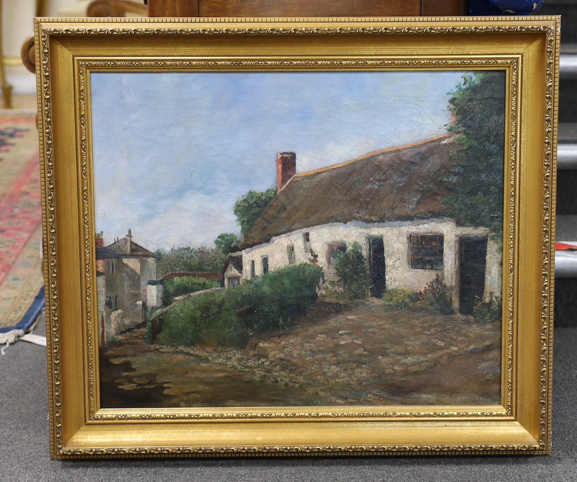 English School, oil on canvas, View of a lane with thatched cottage, 49 x 59cm